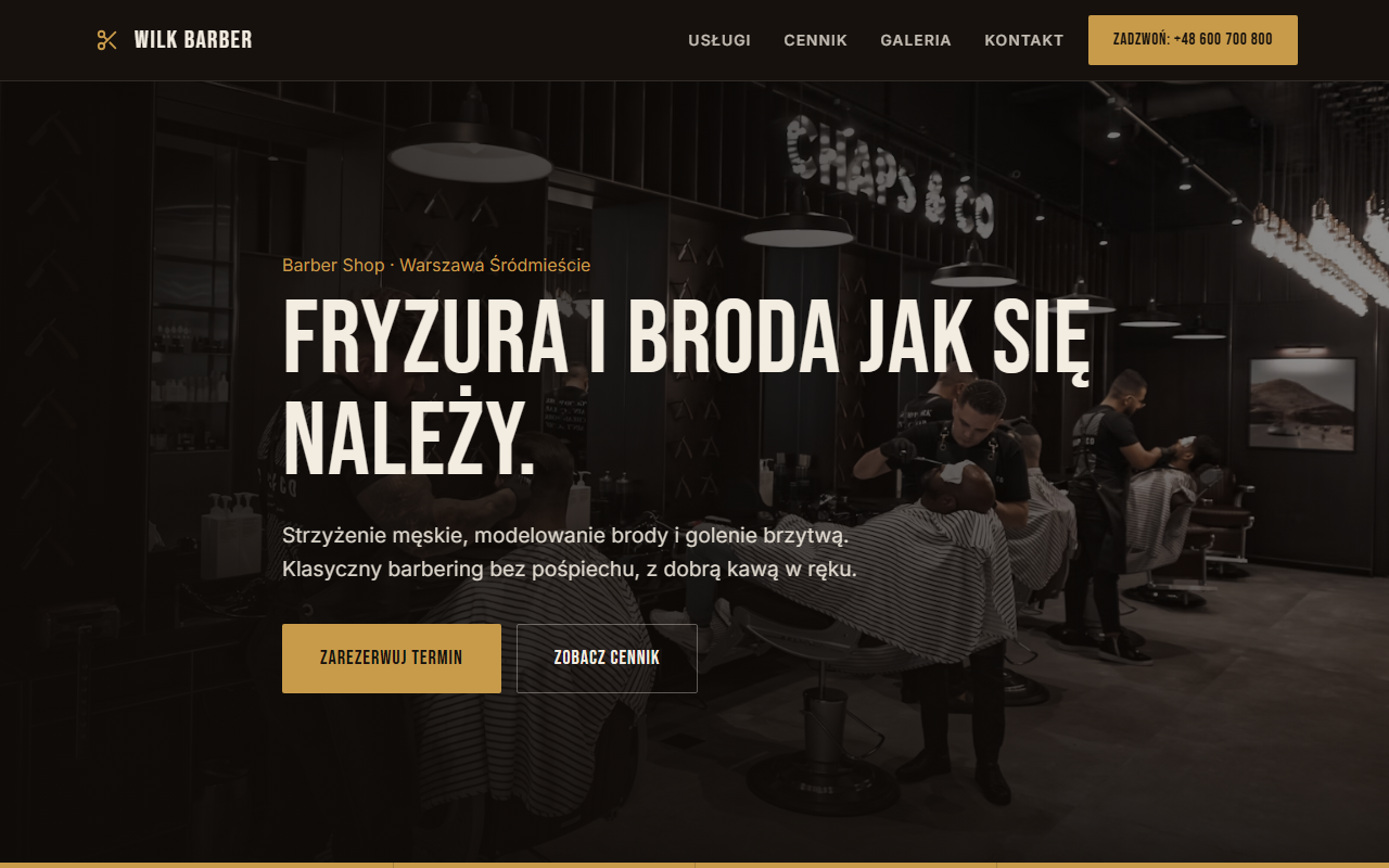 Przykład strony barber shopu Wilk Barber: cennik, galeria, rezerwacja, przycisk Zadzwoń