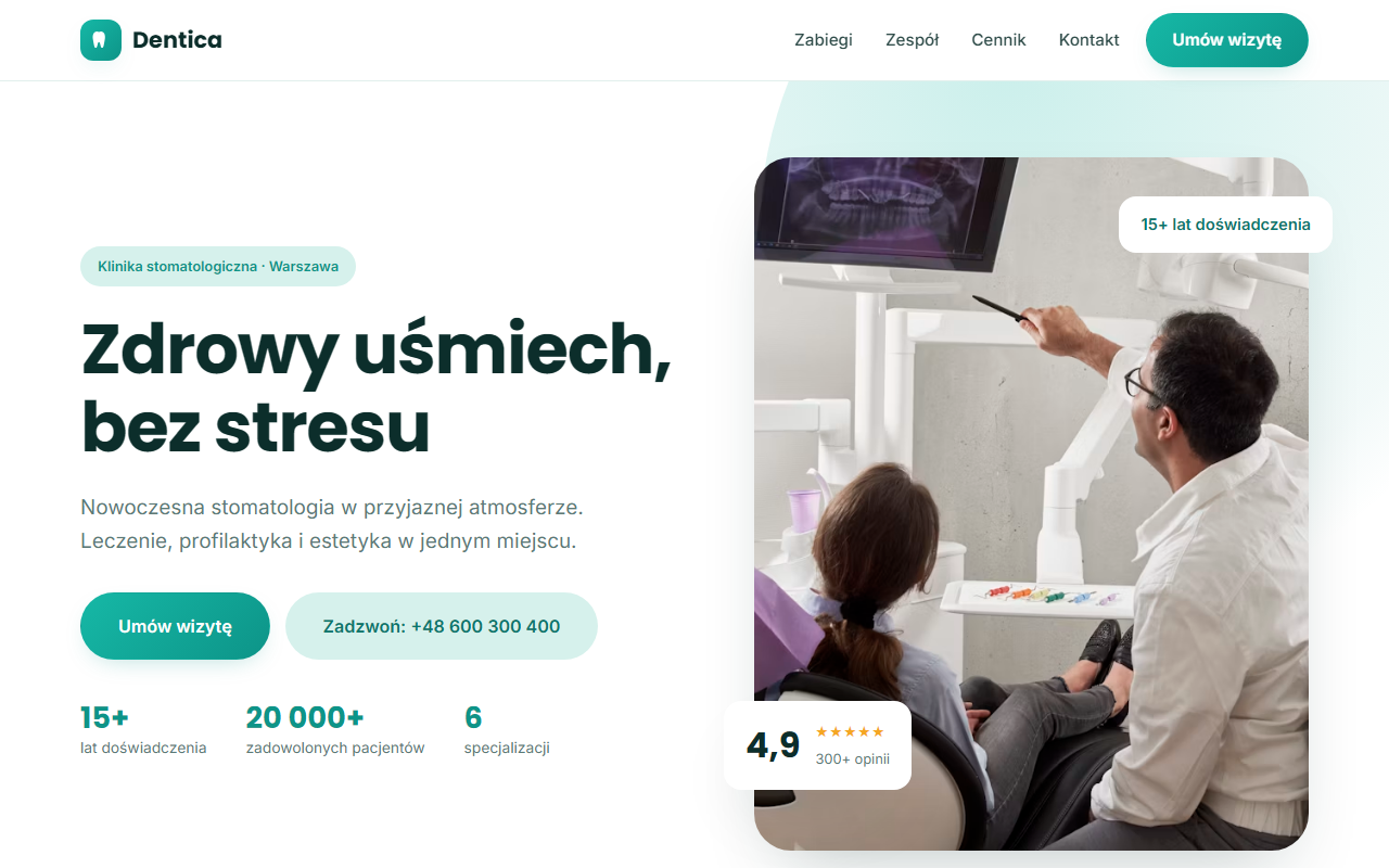 Przykład strony gabinetu stomatologicznego Dentica: zabiegi, rejestracja, przycisk Zadzwoń